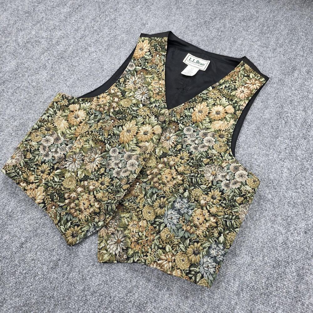 Vintage LL Bean Vest Womens 16 Floral Tapestry Button Front Belted Lined USA - Picture 7 of 15